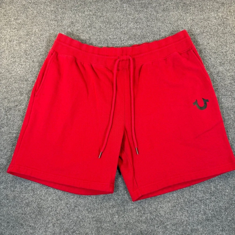 True Religion Mens Red Fleece Sweat Shorts Horseshoe Logo Drawstring #3238